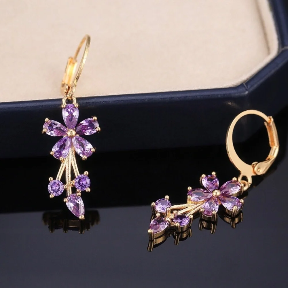 14K Gold Plated Crystal Flower Drop Earrings for Women